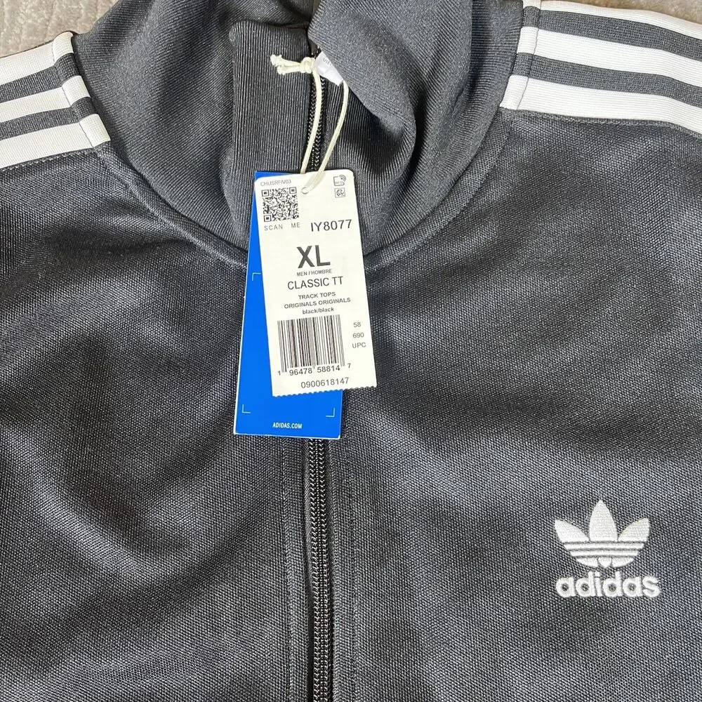 Adidas Classic TT Track Jacket Mens XL Black 3 Stripe Originals IY8077 New